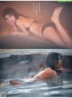 A woman in a black bikini laying in a hot tub.